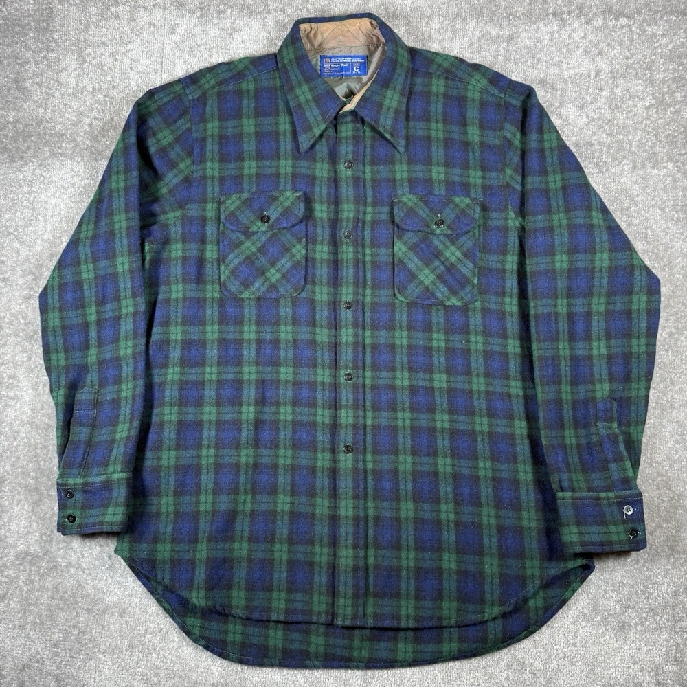 Vintage JC Penney Shirt Mens XL Green Blue Blackwatch Plaid Wool Workwear